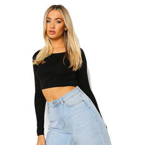 Camiseta Corta de Manga Larga para Mujer, Cuello Redondo, Ajustada, Elástica, Informal, Básica, Moda Urbana, Ropa Personalizada OEM - Product Image 1