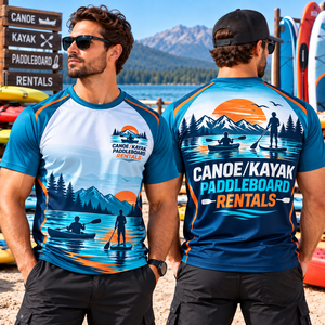 T-shirt Raglan Homme Imprimé par Sublimation – Motif Canoë Kayak Stand-Up Paddle – Séchage Rapide – Coupe Décontractée – Bleu Orange – Idéal pour la Location et les Activités de Plein Air - Product Image 1