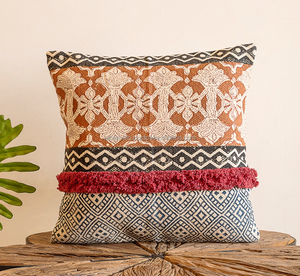 Hand Block Print Cushion <b>Cover</b> with Faux Leather Foldable Square 24x24 Custom Made Traditional Home Decor Pillowcase - Product Image 5