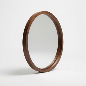 Miroir décoratif rond en bois moderne avec cadre brun poli, fait à la main, à fixer au mur pour les chambres, les salles de bain, les salons, les hôtels - Product Image 2