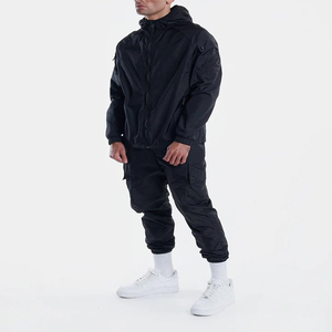 Custom Logo <b>Black</b> Latest Zipper Waterproof Breathable <b>Windbreaker</b> Elastic Cuff Mesh Lining Hooded Men's 2-In-1 Lightweight - Product Image 1