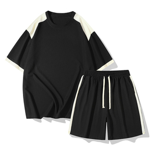 Ensemble T-shirt et short décontracté pour homme, col rond, color block, tricoté, respirant, 100 % coton, dernière collection 2026 - Product Image 6