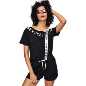 Women's Off-Shoulder Black Letter Print Romper With Drawstring Shorts Asymmetric Design Stretch Polyester One Piece <b>Set</b> - Product Image 1
