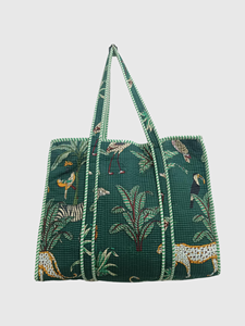 Bohemian Style Canvas <b>Tote</b> <b>Bag</b> With Animal Print Green Pattern Open Top Design For Shopping <b>Summer</b> Use - Product Image 2