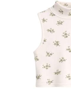 Débardeur court côtelé personnalisé à col montant sans manches avec imprimé floral vert pour femme, coupe ajustée extensible, décontracté, tendance été - Product Image 2