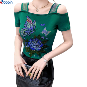 Camiseta de mujer personalizada con hombros descubiertos, negra lisa, con manga corta de pedrería, cuello cuadrado, ajuste ceñido, top de primavera-verano - Product Image 4