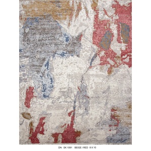 Tapis artisanal sur mesure en laine nouée à la main et soie pure, motif grille, pour salons modernes - Product Image 1