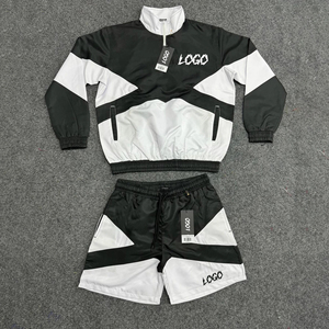 Unisex Color Blocking Windbreaker Tracksuit Set Half-<b>Zip</b> Jacket Drawstring Shorts Quick Dry 100% Cotton Lightweight Sporty Style - Product Image 2