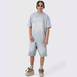 Nouvel ensemble T-shirt et short tendance streetwear délavé pour l'été, avec logo personnalisé, 100% coton, effet délavé à l'acide - Product Image 1