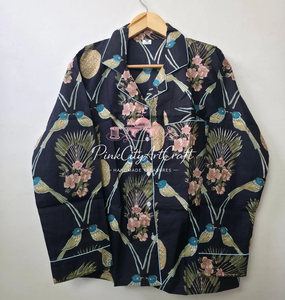 Women's Premium Cotton Hand Block Printed Summer Night Suit Set Elegant Long Sleeve Button-<b>Down</b> Shirt Full-Length Lounge <b>Pants</b> - Product Image 4
