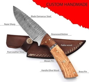 Couteau de chasse artisanal en acier Damas de qualité industrielle avec manche en bois et étui en cuir pour le camping en plein air - Product Image 2