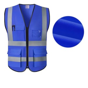 Gilet de sécurité haute visibilité unisexe bleu réfléchissant, vêtement de travail en polyester, plusieurs poches, fermeture éclair, détection des aiguilles - Product Image 4