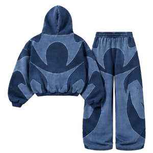 Conjunto de Sudadera Holgada con Detalles de Paneles Azul Marino Lavado y Pantalones de Chándal de Pierna Ancha, Chándal a Juego Unisex Casual Estilo Urbano, Venta al por Mayor - Product Image 2