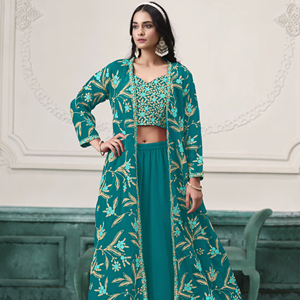 Salwar Kameez pour femme en faux georgette turquoise brodé de sequins (longueur midi, coupe classique) pour mariage, fête, Diwali - Product Image 1