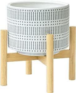 Maceta Moderna de Resina con Patrón Circular y Acabado Glaseado para Plantas de Interior, con Soporte de Madera, Diseño Minimalista en Blanco y Beige - Product Image 2