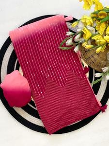 Sari de Georgette Sintética Premium con Trabajo de Lentejuelas en Toda la Superficie, Estilo Ombre Degradado, para Fiestas, Estilo Bollywood, Ropa Étnica India para Bodas - Product Image 5