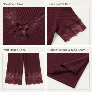 Ensemble de détente 1 pièce en satin pour femme, col en V, manches courtes, bordure en dentelle, pantalon longueur cheville, couleur unie, coupe classique, tenue d'hiver 100% - Product Image 5