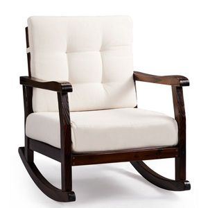 Sedia a dondolo da esterno in legno massello di abete con cuscini rimovibili e lavabili, sdraio da patio con schienale inclinato in legno massello di abete - Product Image 3