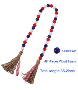 Guirlande de perles en bois avec pompons rustiques, décoration murale style ferme, rouge, blanc, bleu patriotique pour la fête de l'Indépendance américaine - Product Image 5