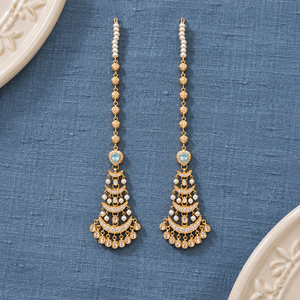 Pendientes de cadena larga chapados en oro con piedra azul aguamarina y perlas de imitación, joyería nupcial pakistaní, venta al por mayor de fábrica. - Product Image 6
