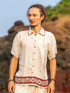 Men <b>Maroon</b> Khadi Cotton Short Kurta Shirt with Hand Block Printed Border Traditional Rajasthani Ethnic Fusion Wear <b>Top</b> - Product Image 3
