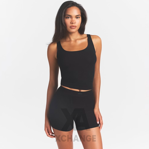Débardeur noir en maille à col rond pour femme, style minimaliste uni, respirant, sans manches, avec logo frontal et rubans à boutons - Product Image 2