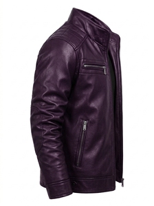 Chaqueta de Moto para Hombre, de Cuero Sintético Morado, Cuello Camisero, Cierre de Cremallera, Corte Ajustado, Largo Regular, Color Sólido, Ropa de Invierno 2027 - Product Image 6