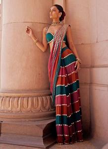 ผ้าส่าหรีหลากสีแบบดีไซน์เนอร์พร้อมเสื้อคลุมสุดเก๋ |   ชุดส่าหรีสำเร็จรูปสำหรับผู้หญิง สไตล์ทันสมัยสำหรับงานปาร์ตี้ - Product Image 2