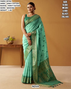 Sari en coton fantaisie bleu saphir à reflets polychromes, traditionnel, pour l'hiver, Diwali, mariage, fête, anti-humidité et infroissable - Product Image 2