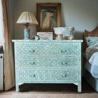 Commode de rangement en panneau de particules avec incrustation florale en nacre turquoise, style moderne, meuble de maison fait main