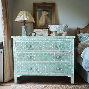 Turquoise MOP Floral Inlay Wooden <b>Chest</b> of Drawers Antique Style <b>Storage</b> Cabinet Bedroom Furniture Drawers Rustic Design - Product Image 2