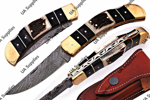 มีดพับเหล็กดามัสกัสทำมือ ปลายคมแบบคลิปพอยต์ ด้ามทำจากเขาสัตว์และทองเหลือง สำหรับพกพา แคมป์ปิ้ง กิจกรรมกลางแจ้ง EDC รับผลิตแบบ OEM ODM - Product Image 2