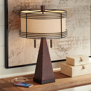 Industrial design Hammered Bronze <b>Table</b> Lamp Modern USB Charging Ports Metal Pyramid Base Fabric Shade Elegant <b>Bedside</b> Lamp - Product Image 4