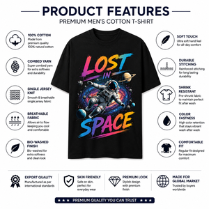 T-shirt noir pour homme à manches courtes et col rond, coupe classique, imprimé astronaute Lost Space, style Hip Hop, 100% coton jersey 180g, transfert thermique - Product Image 5