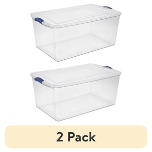 Lot de 2 bacs de rangement en plastique transparent de 105 litres avec loquet bleu et couvercle transparent - Product Image 1