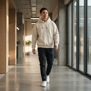 Sudadera con Capucha Personalizada con Textura Crema para Hombre, Sudadera con Bolsillo Canguro y Logotipo en Etiqueta, Estilo Urbano - Product Image 5