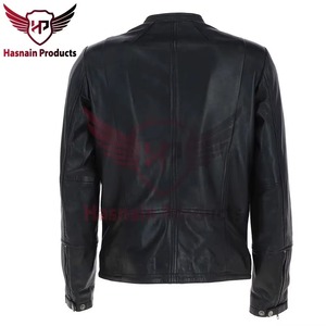 Chaqueta de Cuero Genuino Negra para Hombre, Corte Ajustado, Estilo Cafe Racer, Motociclista, Piel de Vacuno, Sin Cuello, Personalizada, Clásica, Abrigo Cálido de Invierno - Product Image 4