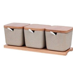 Juego de 3 Recipientes Metálicos para Cocina con Tapa de Madera, para Azúcar, Té y Leche - Product Image 1