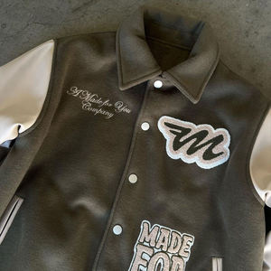Made For You Varsity Jacket Men Pu Leather Turn-<b>down</b> Collar Embroidered Letter Patch Casual Autumn Wear - Product Image 3