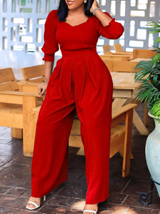 Mono de mujer rojo con cuello redondo, cintura alta, mangas abullonadas, holgado, transpirable, de crepé, informal, para primavera y verano, pantalón largo. - Product Image 1