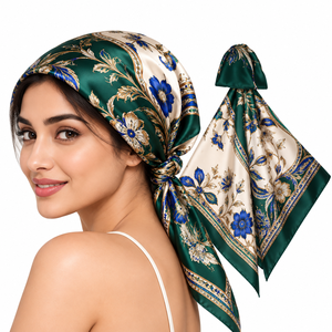 Foulard carré multifonction en satin vintage pour femme, imprimé floral vert et bleu, accessoire pour cheveux, usage quotidien décontracté - Product Image 2