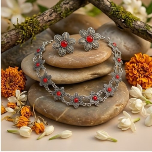 DIVYORO RED FLORAL OXIDIZED <b>SILVER</b> <b>CHOKER</b> SET Women's Wedding Adjustable Length Classic Style - Product Image 3