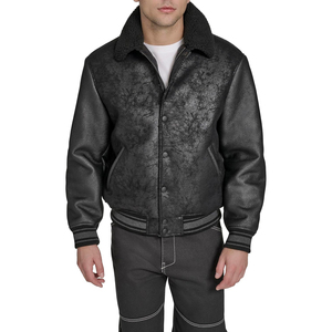 Men's Black PU <b>Leather</b> Bomber <b>Jacket</b> With Faux Fur Lining Turn-down Collar Windproof <b>Winter</b> Casual Coat - Product Image 1