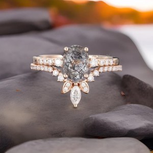 925 Sterling <b>Silver</b> Rose <b>Silver</b> Black Rutilated Quartz Engagement <b>Ring</b> <b>Set</b> Moissanite Diamond Vintage Bridal Women Wedding <b>Ring</b> - Product Image 2