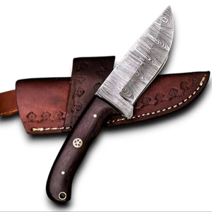 มีดทำมือเหล็กดามัสกัสแบบเต็มด้าม ปลายหยดน้ำ คมเฉียง สำหรับกิจกรรมเอาตัวรอดกลางแจ้ง ตั้งแคมป์ พกพาประจำวัน (EDC) ด้ามไม้พะยูง พร้อมปลอกไม้  รับผลิตแบบ OEM - Product Image 1