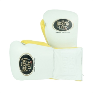 Guantes de Boxeo de Piel con Cordones, Blancos y Amarillos, Hechos a Medida en México, Ligeros, de Dedo Completo, para Adultos, con la Frase 'No Boxing No Life' - Product Image 1