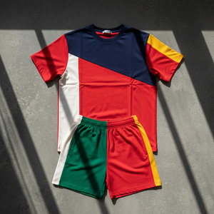 Wholesale Factory Manufactured Men 100% Cotton Contrast Color Panel Summer <b>Tracksuit</b> Set Men O Neck T Shirt With Shorts - Product Image 5