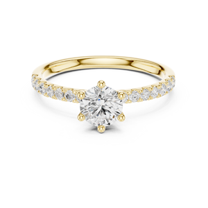 Bague de fiançailles solitaire en or jaune avec diamant de laboratoire taille ronde et bande pavée, bague de promesse pour femme - Product Image 2