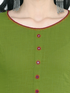 Womens Green Cotton Slub Mirror Work Anarkali Kurta With Round Neck <b>Three</b> Fourth Sleeves Crafted For Global Ethnic Casual Wear - Product Image 2