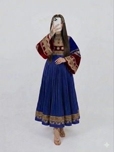 Robe traditionnelle pashtun pour femmes, robe décontractée verte plissée en velours, manches brodées violettes, robe longue ethnique afghane tribale - Product Image 6